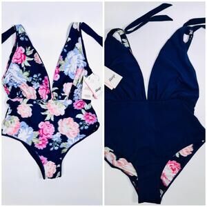 NEW! Maaji Reversible Swimsuit Navy Blue Floral One Piece Size 2XL Blue Floral